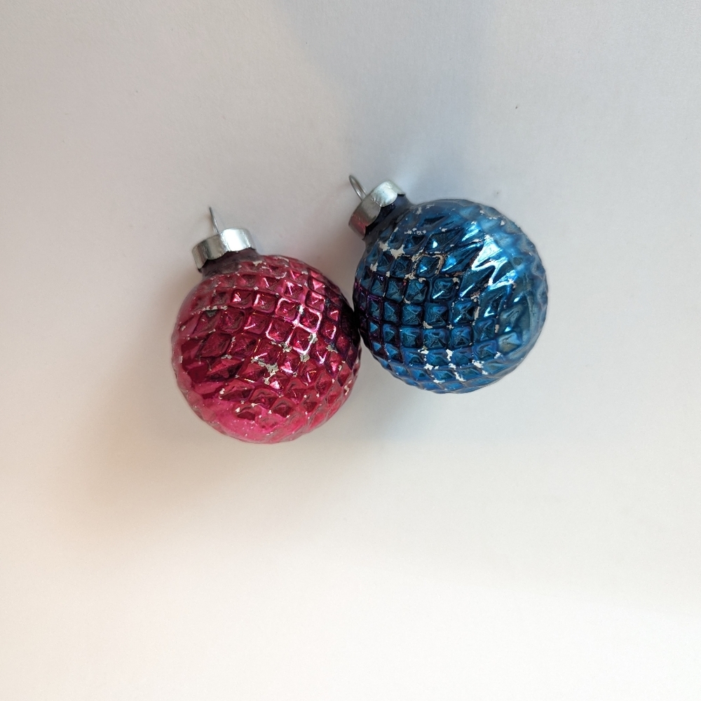 Vintage Christmas USA textured ornaments blue pink Mercu glass Waffle golf Ball